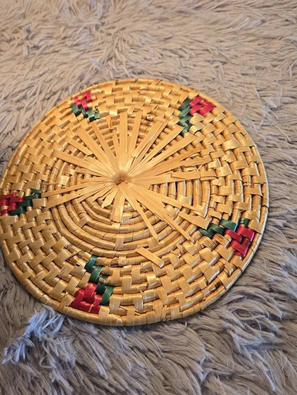 Vintage Trivets Handwoven Round Rattan Coasters with Red & Green Accents
